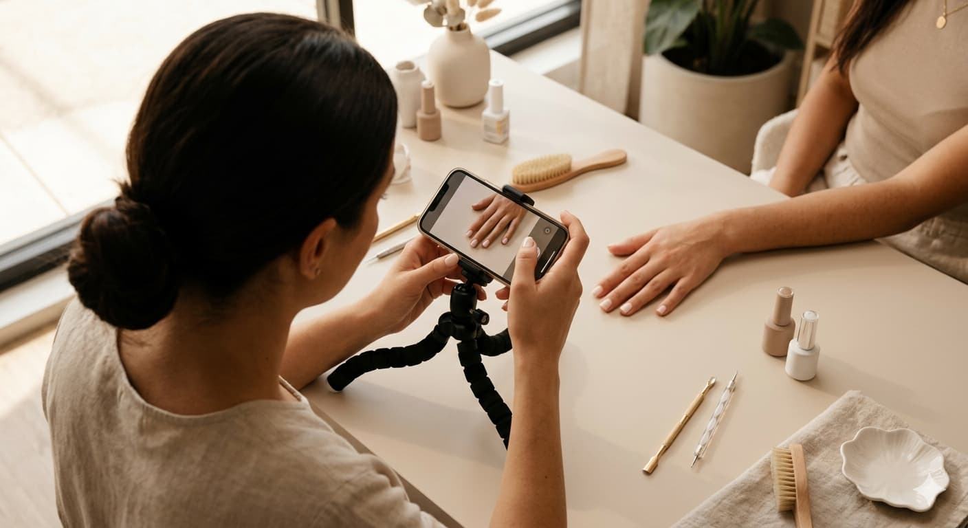 Vlasnica salona snima nokte telefonom na stativu u prirodnom svetlu