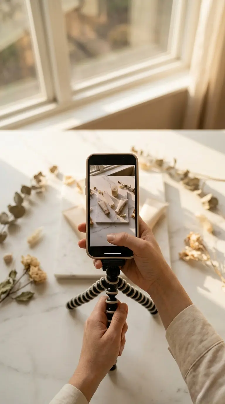 Ruke drže telefon na stativu i snimaju proizvode na mermernoj podlozi za Instagram Reels