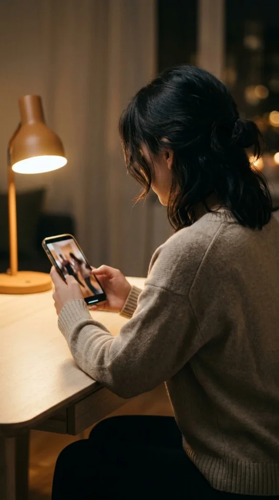 Vlasnica biznisa gleda video na telefonu uveče za objavljivanje na Instagramu